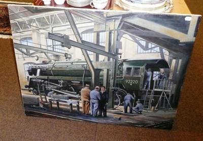 Lot 551 - Peter Thorne MGRA, "The Conference Railway Workshops", Oil on canvas