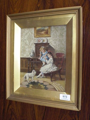 Lot 973 - English School (19th century) Interior Scene with Two Girls seated, a dog in the foreground...