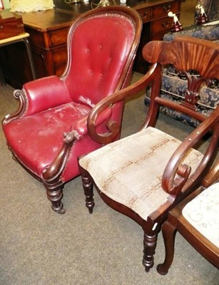 Lot 655 - Victorian mahogany armchair upholstered in red leather and a William IV mahogany carver chair