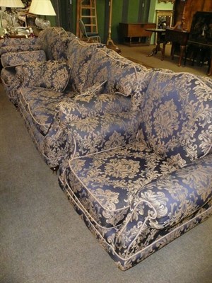 Lot 656 - Reproduction Victorian style four piece lounge suite upholstered in blue and gold fabric