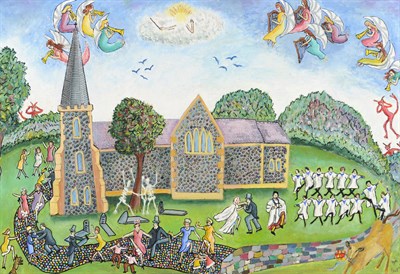 Lot 986 - Lois Bygrave (1915-1996) Village Wedding, a bride and groom dancing in a churchyard Signed,...