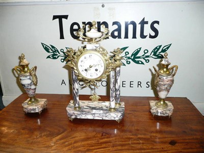 Lot 714 - Late 19th century French gilt metal and marble clock garniture