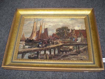 Lot 992 - Owen Bowen R.O.I., P.R.Cam.A. (1873-1967) Quayside Scene with Figures unloading Fishing Boats...