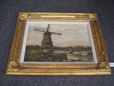 Lot 996 - Owen Bowen R.O.I., P.R.Cam.A. (1873-1967) Dutch Canal Scene with a Figure on a Footbridge, a drover