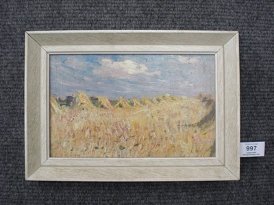 Lot 997 - James William Booth R.Cam.A. (1867-1953) Corn Stooks in Summer Signed, oil on canvas laid down,...