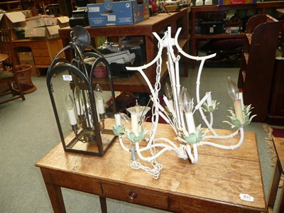 Lot 832 - A modern hanging lantern cream painted chandelier and wall lights