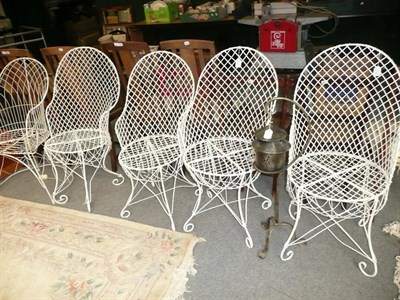 Lot 833 - 19th century wirework garden armchair and four later garden chairs and a modern garden lantern