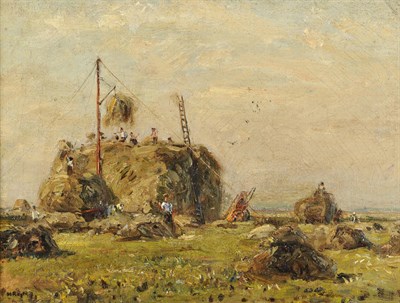 Lot 1000 - Herbert Royle (1870-1958) Summer Landscape with Figures Harvesting, other figures on a haystack...