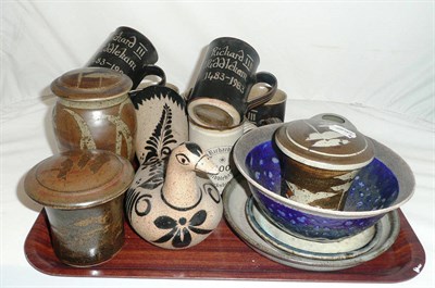 Lot 2 - A tray of stoneware and studio pieces including four mugs