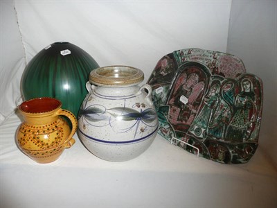 Lot 7 - Two Studio vases, a Bideford slipware jug and a wall plaque