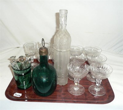 Lot 8 - Clear glass drinking glasses, green whisky decanter, tumbler and stirrers