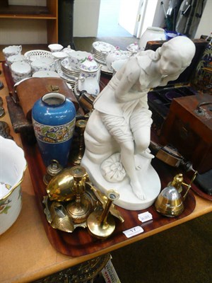 Lot 17 - A tray including a Parian figure, camera, aneroid barometer, brass ware and a brass oil carrier...