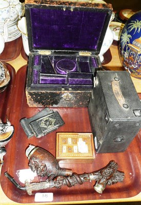 Lot 18 - Box camera, another camera, Black Forest carved pipe, inlaid box and a jewellery box