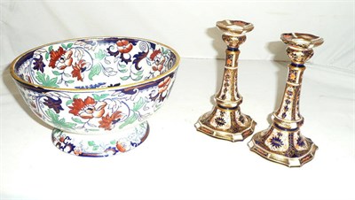 Lot 23 - Pair of Royal Crown Derby Imari pattern candlesticks and an Amherst pattern pedestal bowl