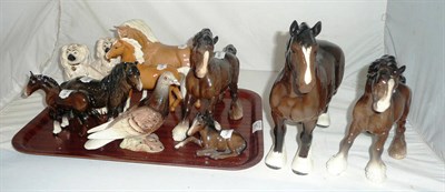 Lot 24 - Five Beswick horses, pony, two foals, pair of Staffordshire-style Doulton dogs and a Beswick pigeon