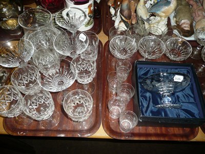 Lot 28 - Three trays of assorted glassware including wines, champagne, saucers, jug, pedestal dish etc