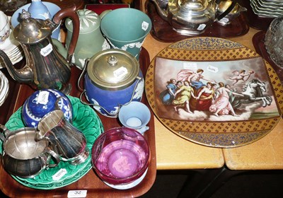 Lot 32 - Tray including Wedgwood Jasperware, three piece plated coffee set, three green glazed moulded...