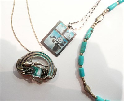 Lot 49 - An enamelled pendant with maker's mark 'NG', Edinburgh, 1981 on chain, a turquoise bead...