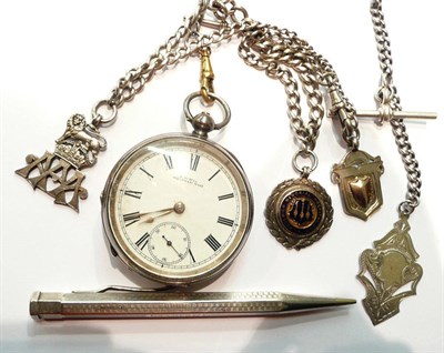 Lot 61 - Silver pocket watch and chain, ladies gold wristwatch, silver propelling pencil and a silver...