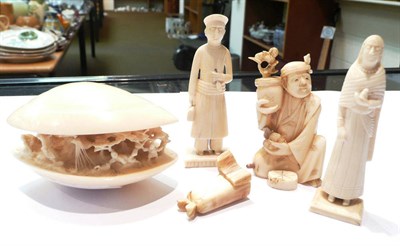 Lot 62 - Chinese carved oyster shell, small ivory figure and two small bone figures