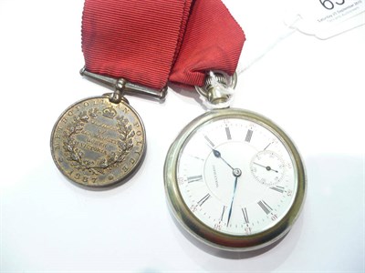 Lot 65 - A plated pocket watch signed 'Waltham' and a Metropolitan Police 1887 Jubilee medal