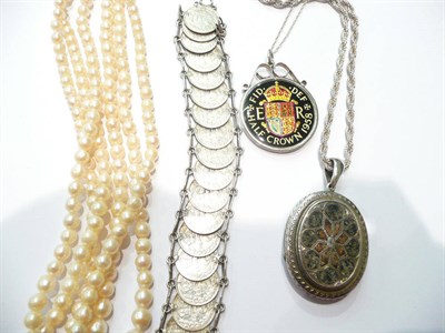 Lot 74 - A cultured pearl necklace, a silver coin bracelet, an agate-set locket on chain and a painted...
