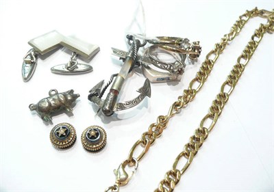 Lot 82 - Four various rings, an anchor brooch, silver charm, pair of studs, cufflinks and a gold plated...