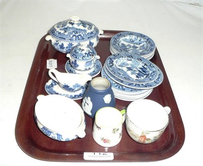 Lot 112 - Miniature Wedgwood Etruria blue and white dinner service, small jasperware vase, etc
