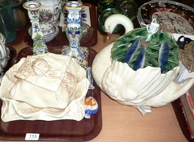 Lot 113 - Pallissy ware fish on leaf dish, pottery swan, Sarraguemines box and cover with matching dish...