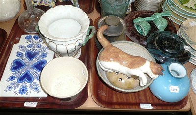 Lot 115 - Two trays including Sylvac bunnies, two cloud glass flower bowls, Arabia plaque etc