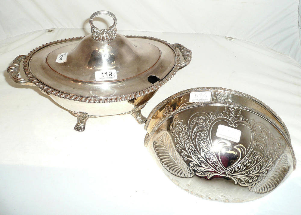 Lot 119 - Pair of silver plated hanging wall sconces and a plated tureen and cover