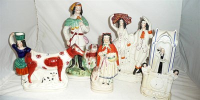 Lot 120 - Tray of Staffordshire pottery including huntsman, Little Red Riding Hood, large cow creamer and...