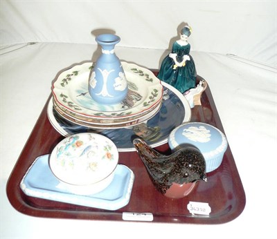 Lot 124 - Royal Doulton figure 'Cherie', another, smaller, 'Annabel', Wedgwood glass bird, jasperware...