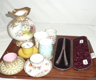 Lot 132 - Cased silver handled glove stretchers, cabinet cups and saucers etc on a tray