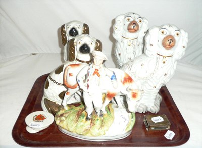 Lot 136 - Four Staffordshire dogs, Staffordshire group farmer and cow, piece of crested ware and silver...