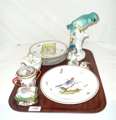 Lot 148 - A tray of Continental ceramics including bird groups, ornithological cabinet plate etc