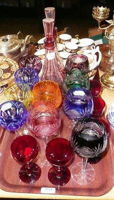 Lot 154 - Tray of Bohemian coloured glass including pair of decanters, six hock glasses etc