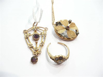 Lot 178 - An amethyst and seed pearl pendant and chain, a four leaf clover brooch (a.f.) and a diamond...