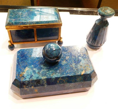 Lot 184 - Lapis lazuli three piece desk set comprising seal, blotter and box
