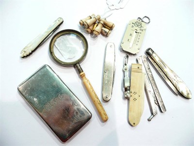 Lot 186 - Five silver and mother of pearl fruit knives, three miniature binoculars with stanhopes, bone...