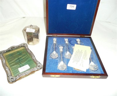Lot 194 - Silver caddy, silver photo frame and cased silver commemorative spoons