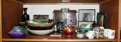 Lot 206 - Shelf including ceramics, miniature oak mirror-back sideboard, Studio pottery, etc
