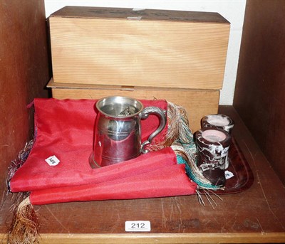 Lot 212 - White link belt, another, silks, boxed bowls, pewter tankard and two granite candlesticks