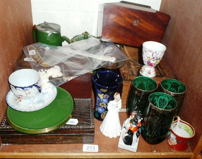 Lot 213 - Glazed oak box, rosewood caddy, mahogany caddy, an oak box, a quantity of ceramics and glass...
