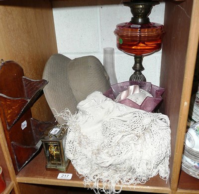 Lot 217 - Brass carriage clock, oak letter rack, shawl, hat, oil lamp etc