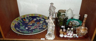 Lot 223 - Shelf of ceramics including Copeland Spode Queen Victoria jug and tobacco box, Continental figures