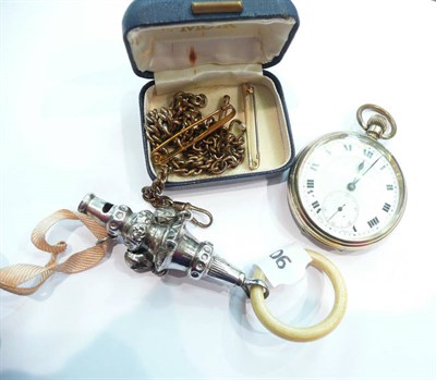 Lot 251 - Silver baby 'whistle', teething ring, a watch, rolled gold chain and two pins