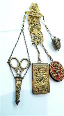 Lot 252 - Gilt metal chatelaine with silver accessories