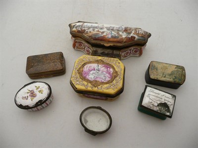 Lot 255 - Three Georgian enamel patch boxes, agate box, porcelain box, enamel yellow ground box and a...
