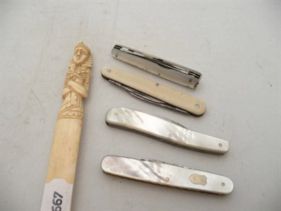 Lot 262 - 1924 silver-mounted penknife, two other mother-of-pearl penknives and a carved paper knife